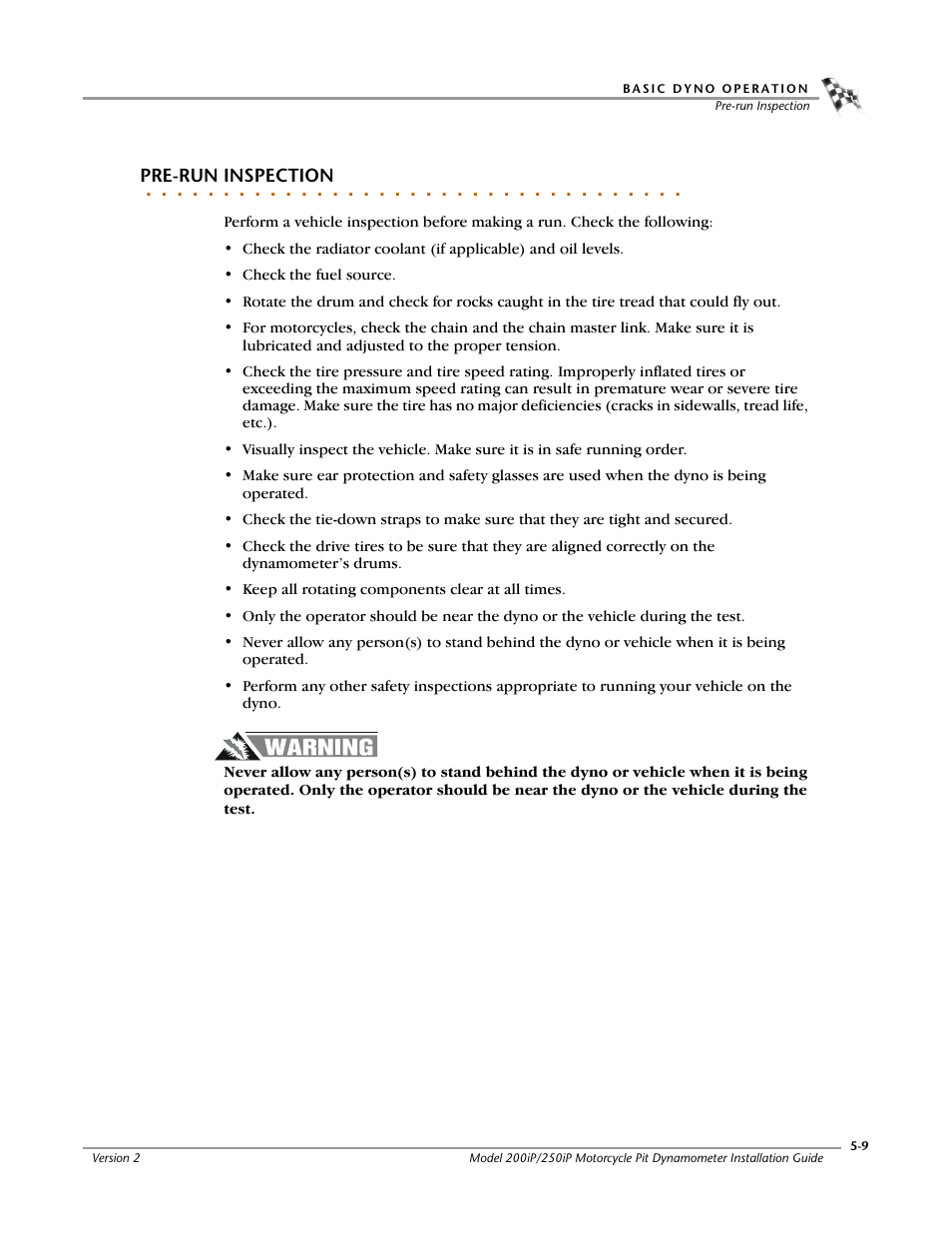 Pre-run inspection | Dynojet 250iP: Pit Installation Guide User Manual | Page 115 / 148
