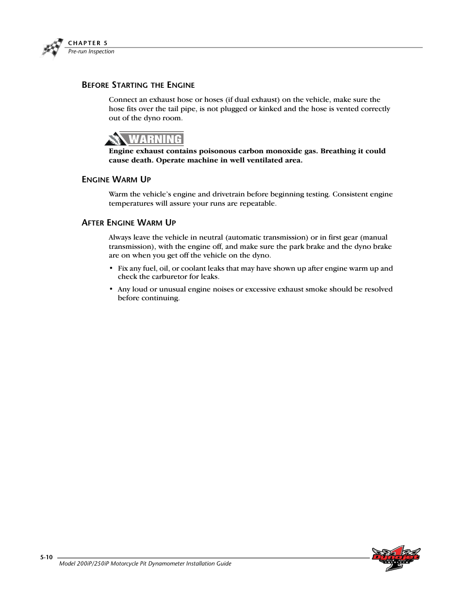 Before starting the engine, Engine warm up, After engine warm up | Dynojet 250iP: Pit Installation Guide User Manual | Page 116 / 148