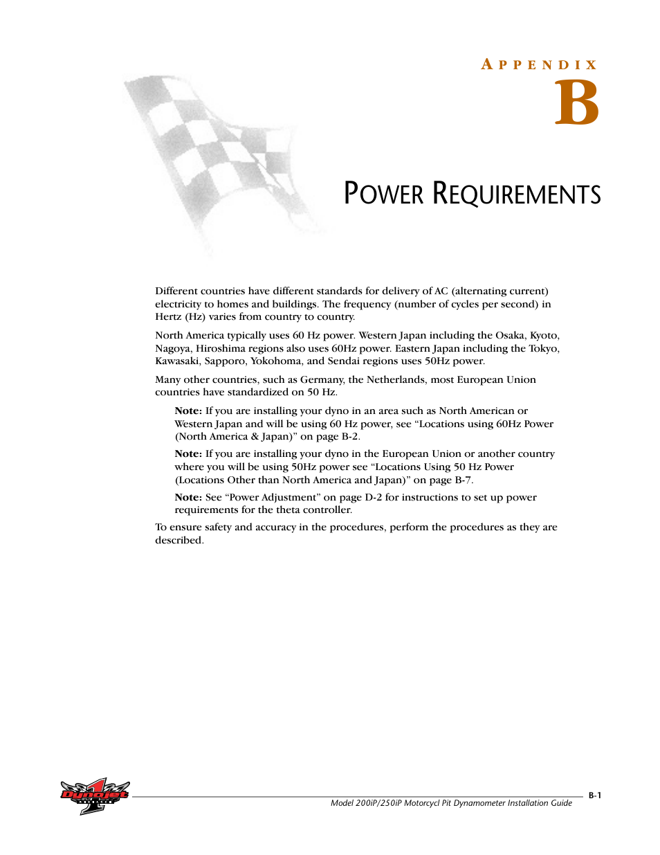 Power requirements, Appendix b power requirements | Dynojet 250iP: Pit Installation Guide User Manual | Page 123 / 148