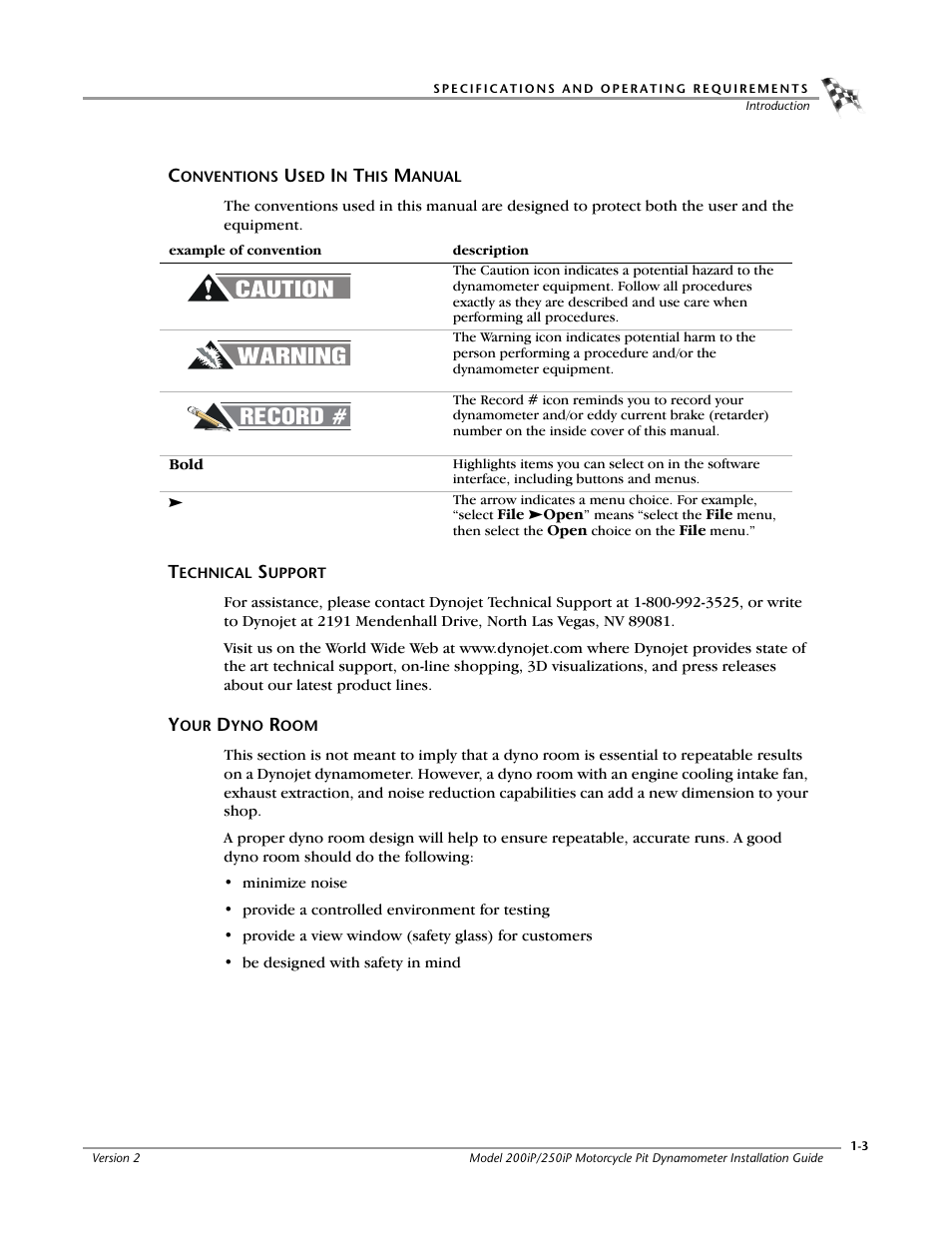 Conventions used in this manual, Technical support, Your dyno room | Record | Dynojet 250iP: Pit Installation Guide User Manual | Page 13 / 148