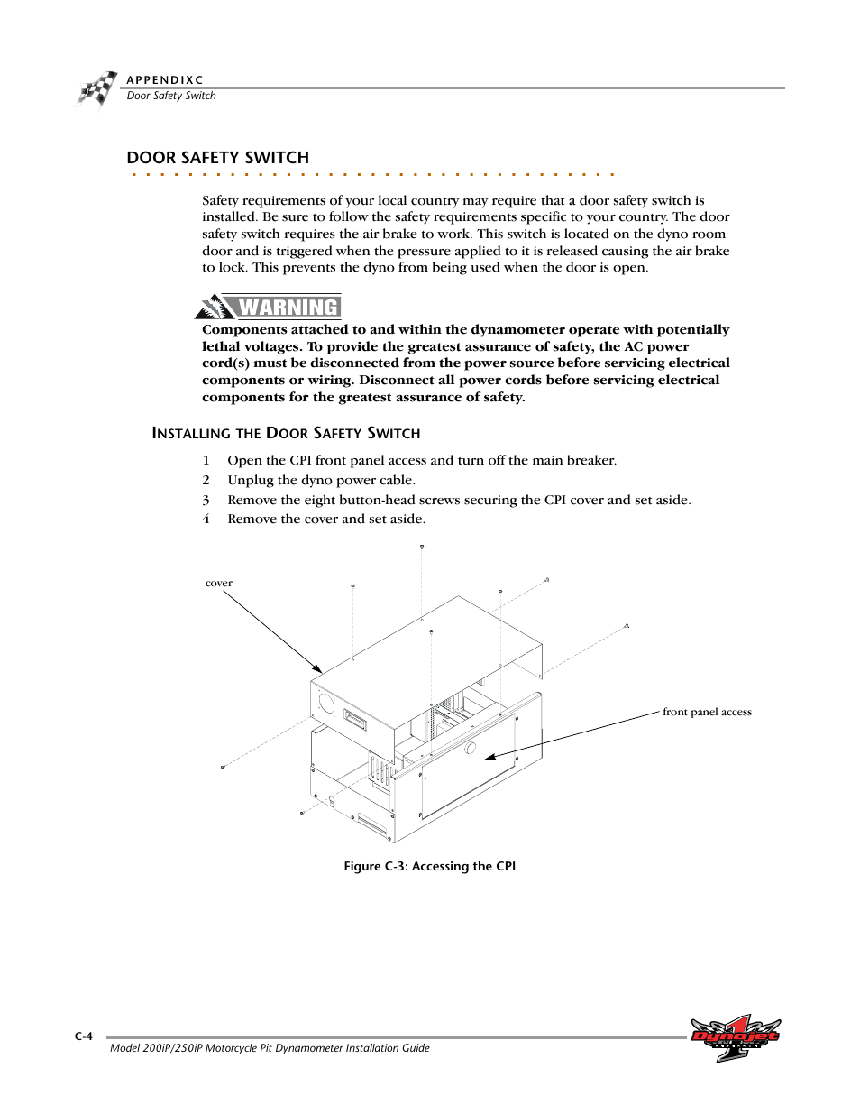 Door safety switch, Installing the door safety switch | Dynojet 250iP: Pit Installation Guide User Manual | Page 138 / 148