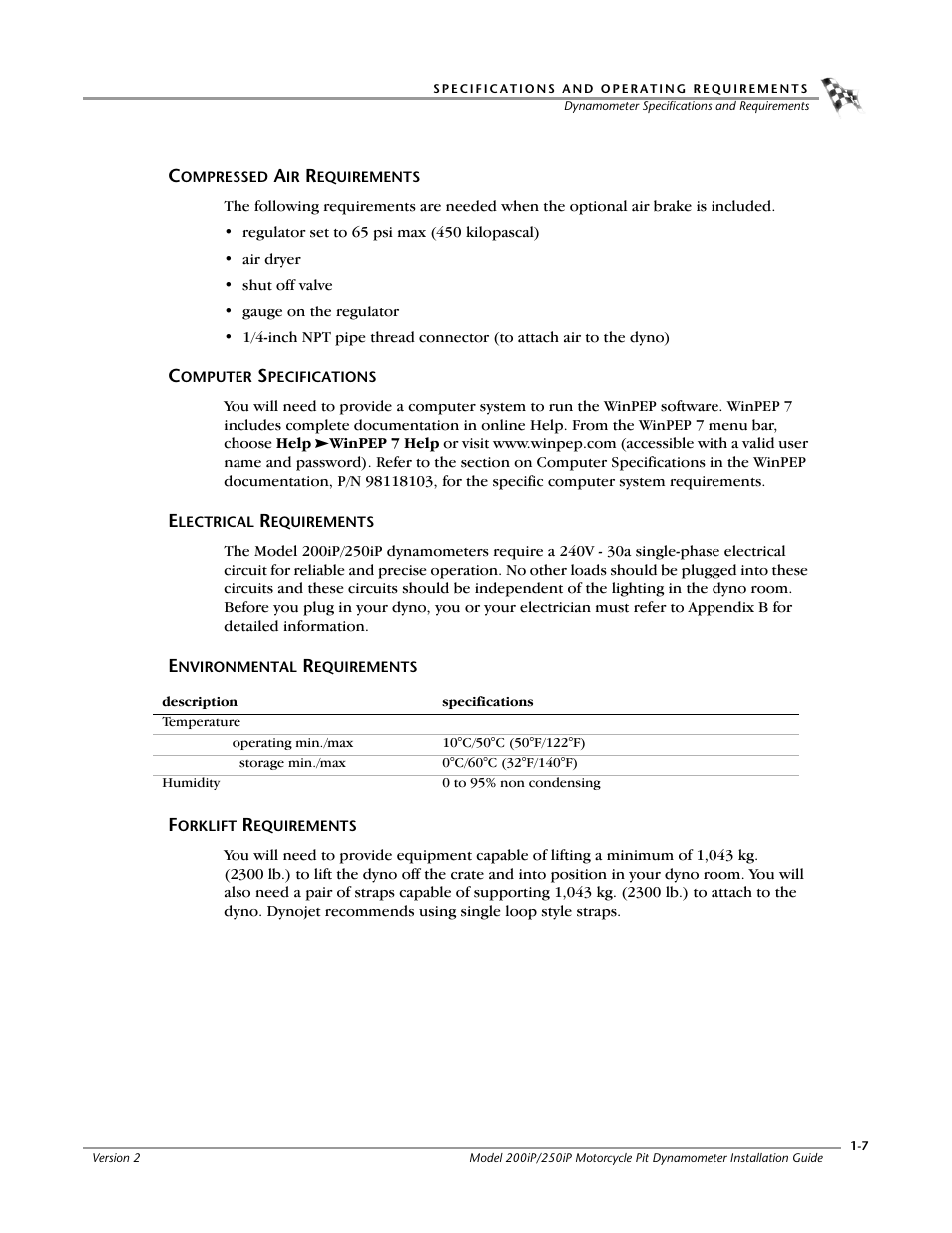 Compressed air requirements, Computer specifications, Electrical requirements | Environmental requirements, Forklift requirements | Dynojet 250iP: Pit Installation Guide User Manual | Page 17 / 148