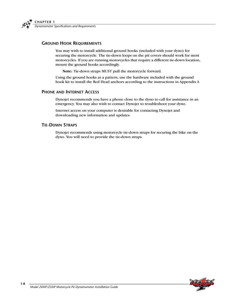 Ground hook requirements, Phone and internet access, Tie-down straps | Dynojet 250iP: Pit Installation Guide User Manual | Page 18 / 148