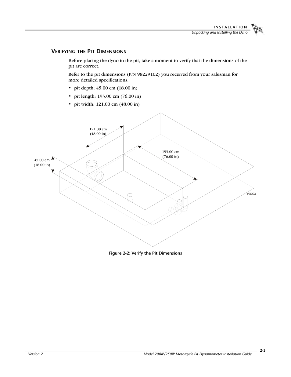Verifying the pit dimensions, Verifying the pit dimensions -3 | Dynojet 250iP: Pit Installation Guide User Manual | Page 23 / 148