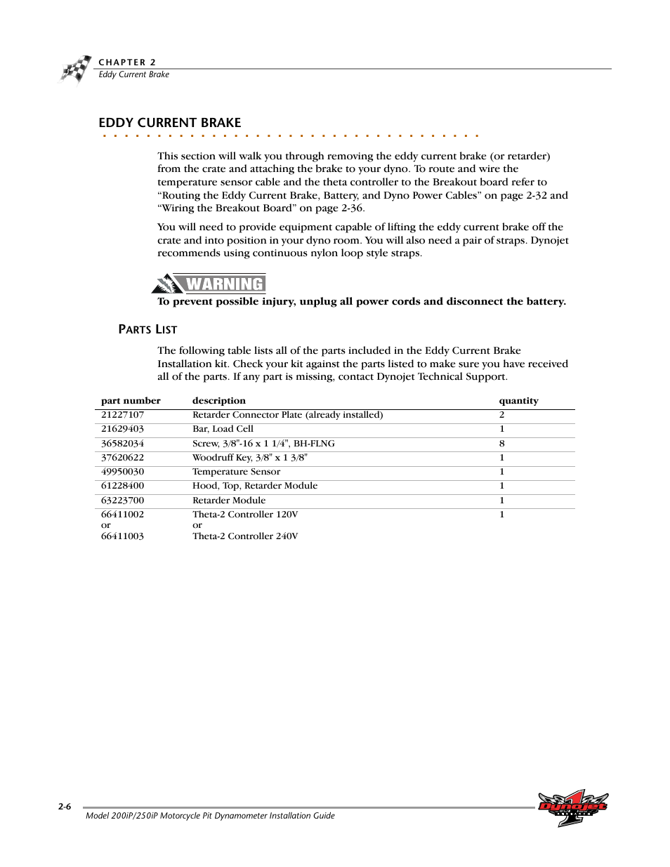 Eddy current brake, Parts list, Parts list -6 | Dynojet 250iP: Pit Installation Guide User Manual | Page 26 / 148