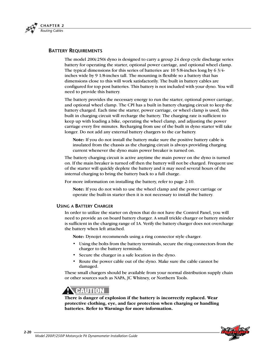 Battery requirements, Battery requirements -20 | Dynojet 250iP: Pit Installation Guide User Manual | Page 40 / 148
