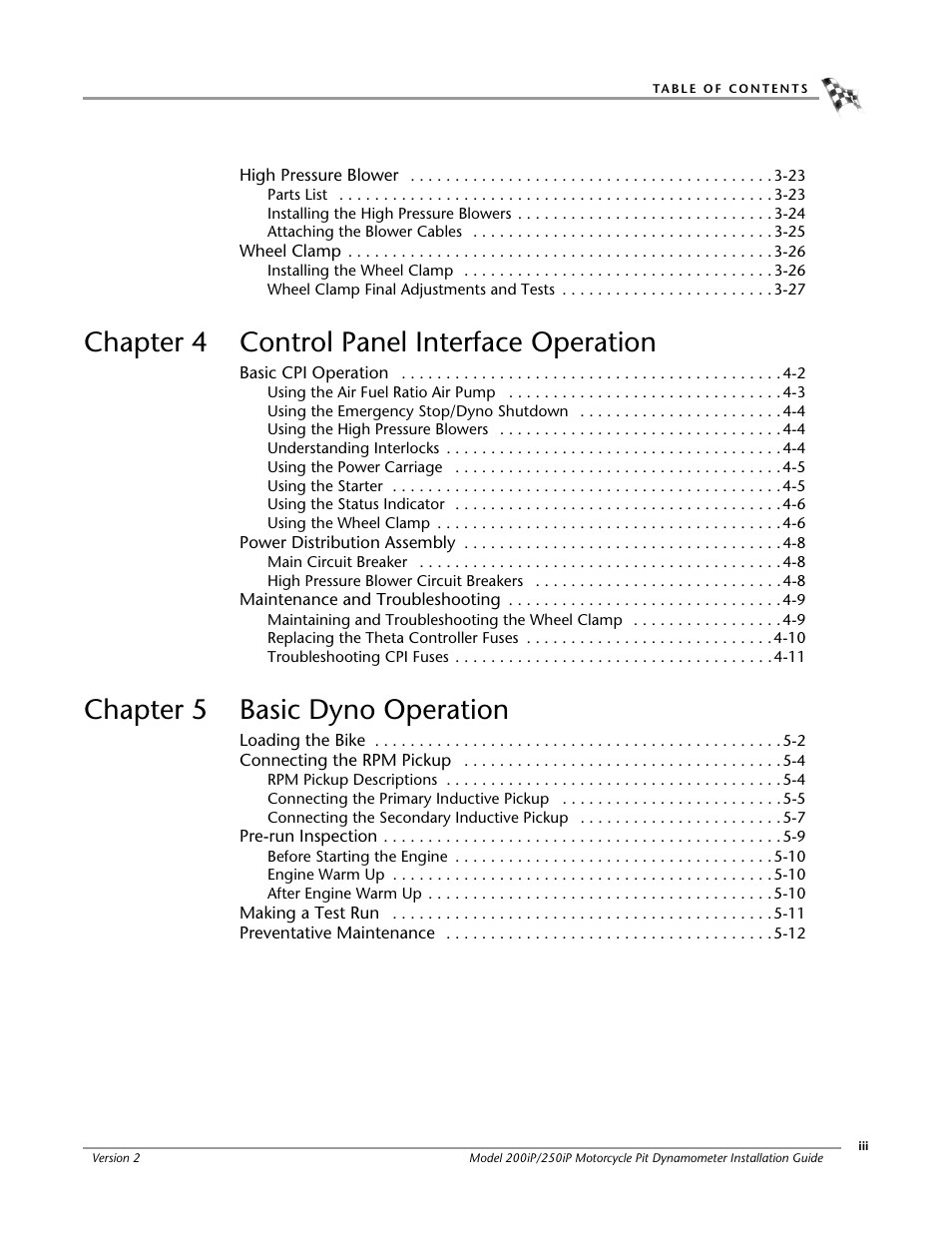 Chapter 4 control panel interface operation, Chapter 5 basic dyno operation | Dynojet 250iP: Pit Installation Guide User Manual | Page 5 / 148
