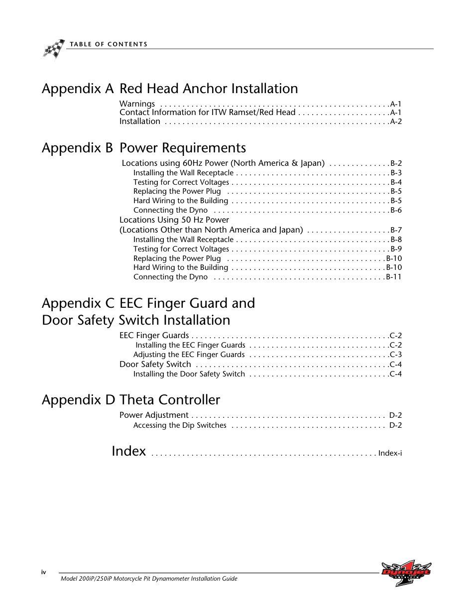 Appendix a red head anchor installation, Appendix b power requirements, Appendix d theta controller | Index | Dynojet 250iP: Pit Installation Guide User Manual | Page 6 / 148