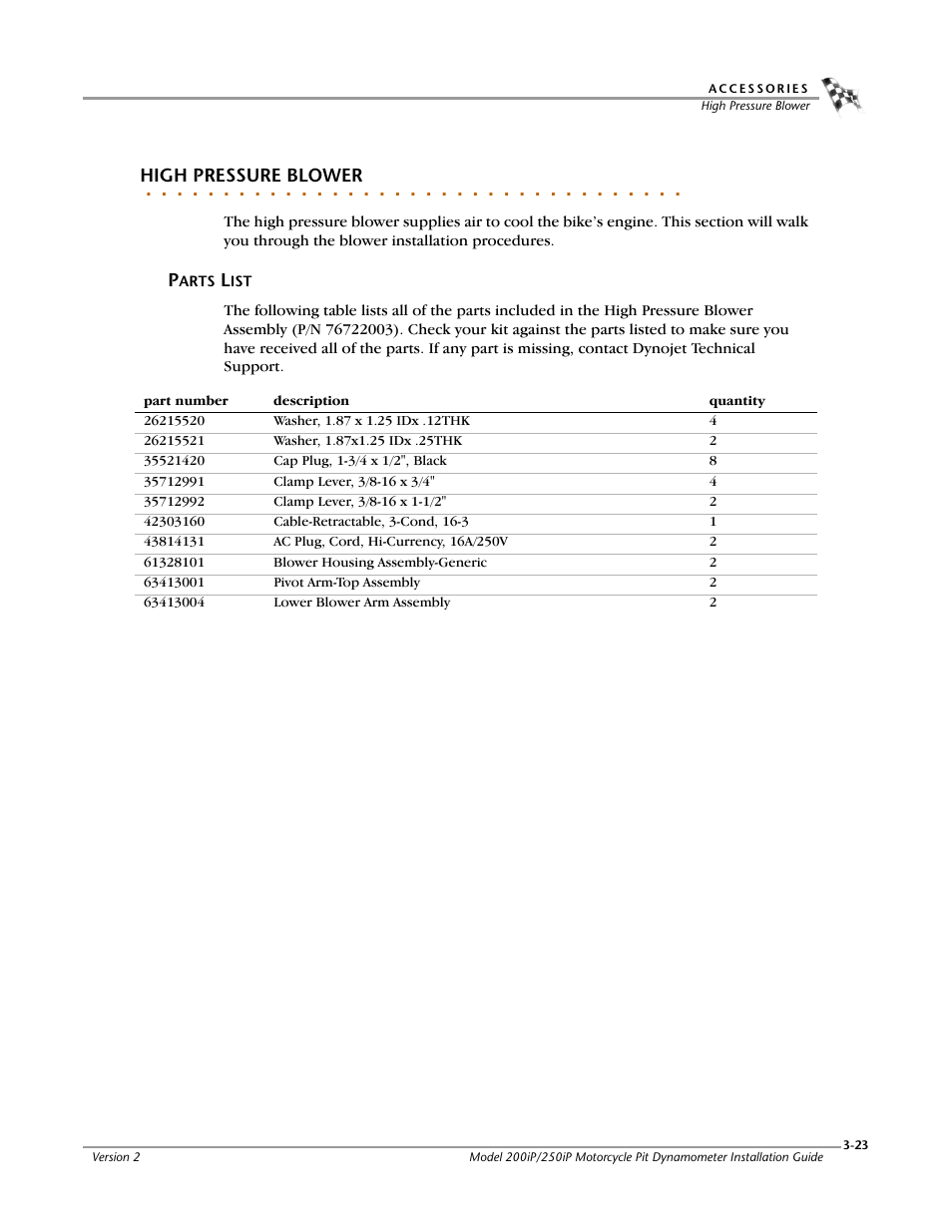 High pressure blower, Parts list, Parts list -23 | Dynojet 250iP: Pit Installation Guide User Manual | Page 89 / 148