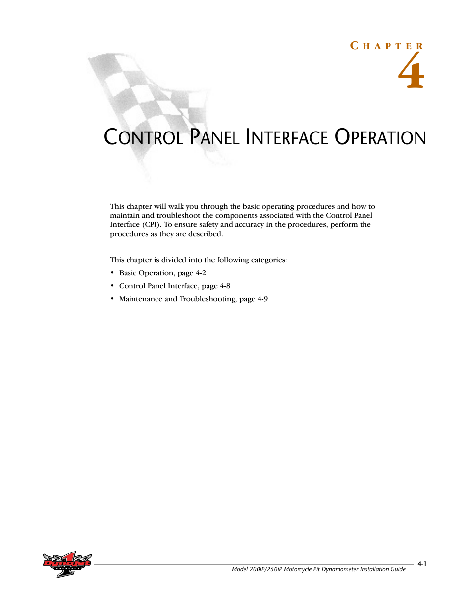 Control panel interface operation, Chapter 4 | Dynojet 250iP: Pit Installation Guide User Manual | Page 95 / 148