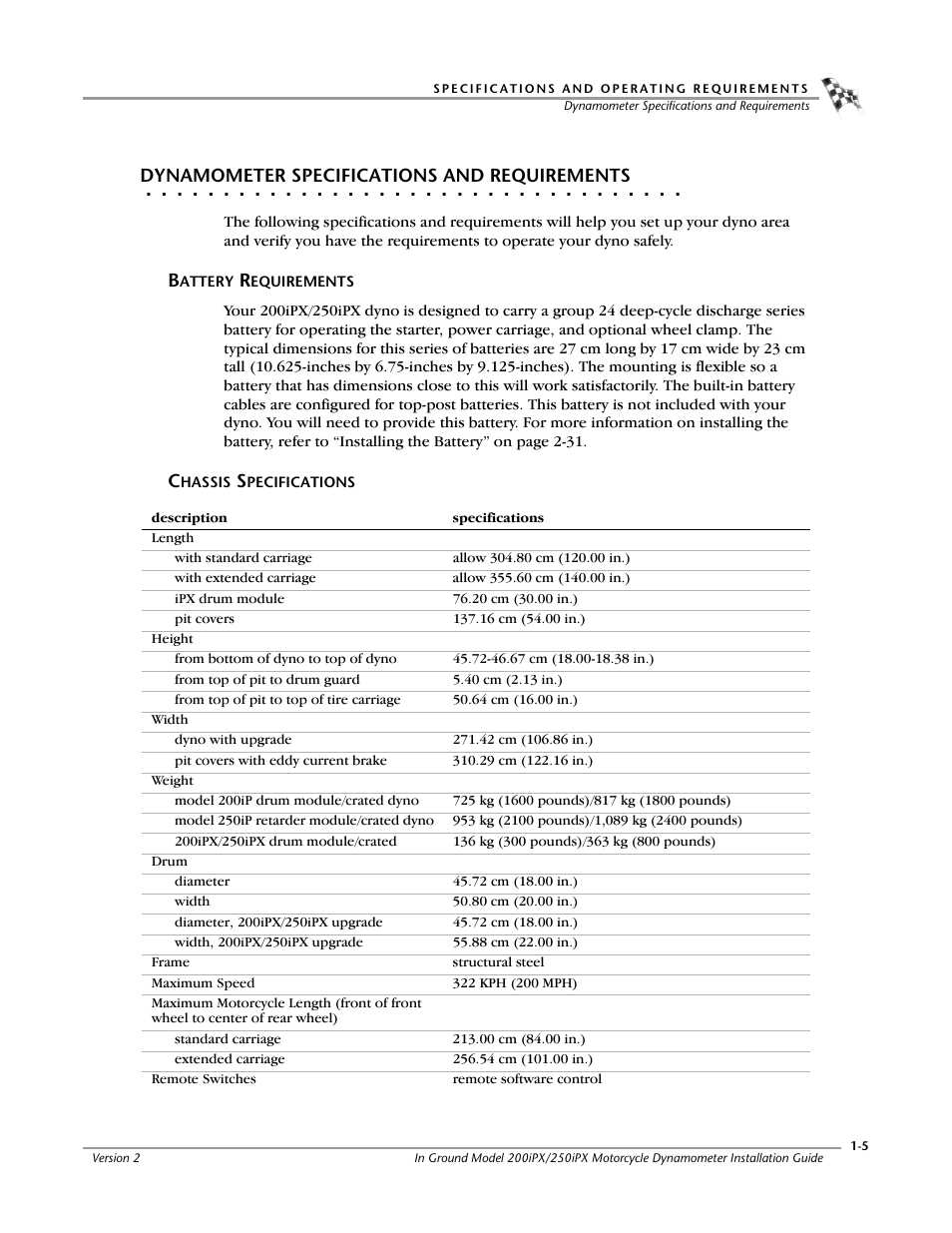 Dynamometer specifications and requirements, Battery requirements, Chassis specifications | Dynojet 250iPX: Installation Guide User Manual | Page 15 / 163