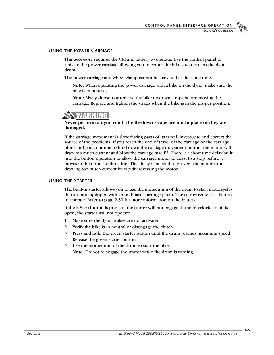 Using the power carriage, Using the starter | Dynojet 250ix: Pit Installation Guide User Manual | Page 107 / 163