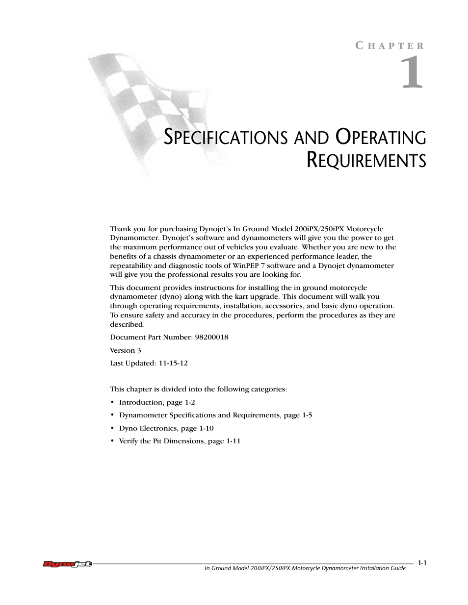 1 - specifications and operating requirements | Dynojet 250ix: Pit Installation Guide User Manual | Page 11 / 163