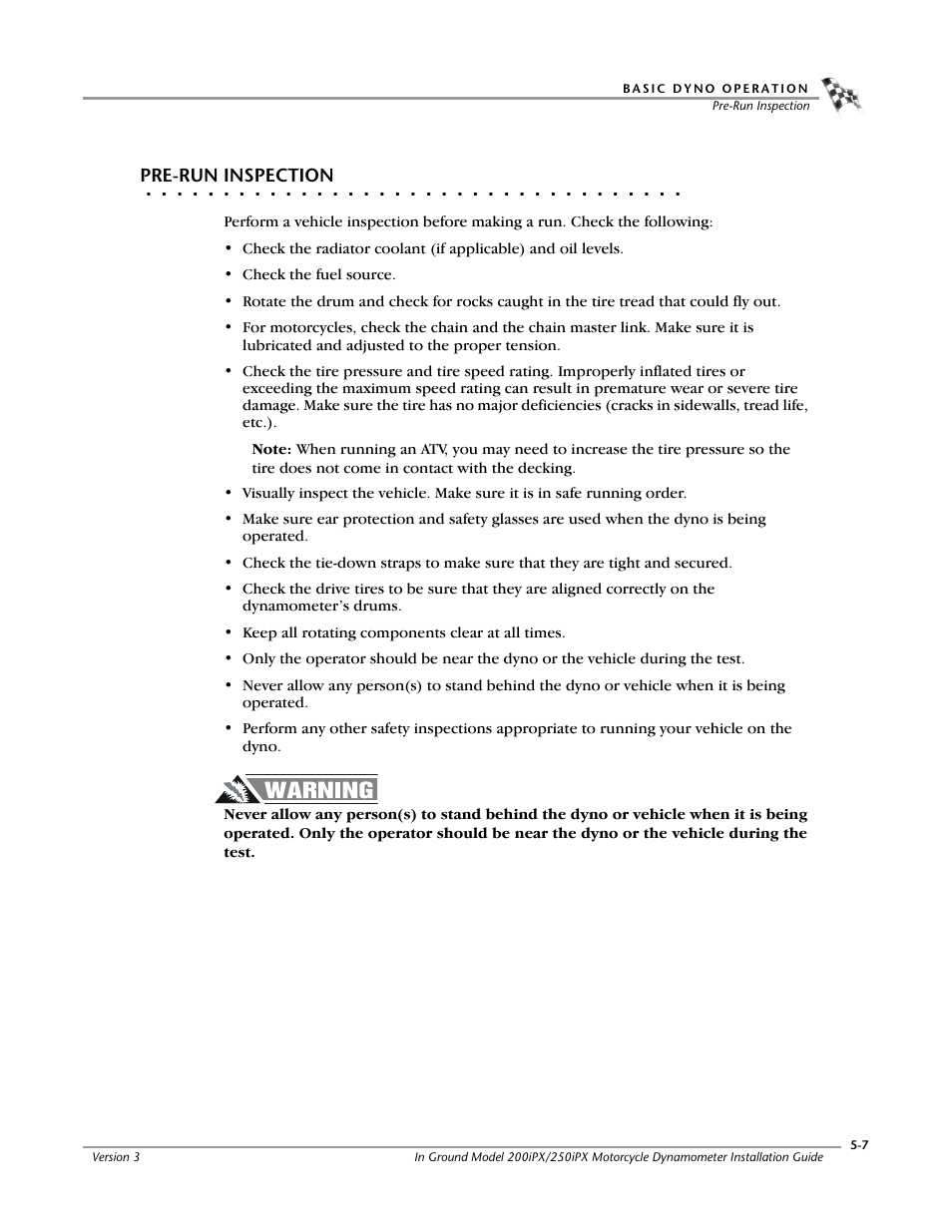 Pre-run inspection | Dynojet 250ix: Pit Installation Guide User Manual | Page 121 / 163