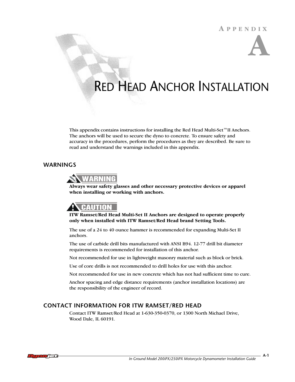 A - red head anchor installation, Warnings, Contact information for itw ramset/red head | Nchor, Nstallation | Dynojet 250ix: Pit Installation Guide User Manual | Page 125 / 163