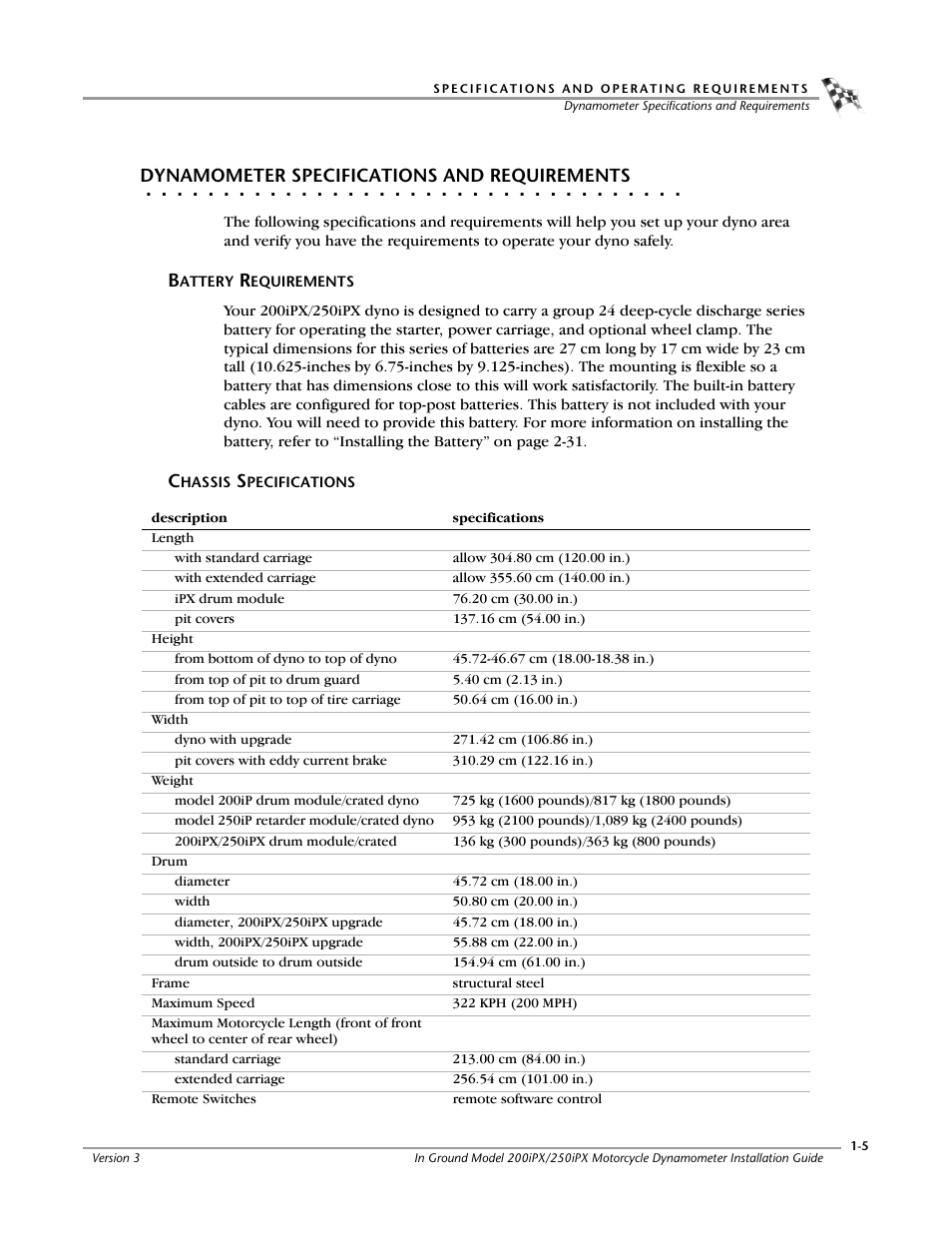 Dynamometer specifications and requirements, Battery requirements, Chassis specifications | Dynojet 250ix: Pit Installation Guide User Manual | Page 15 / 163