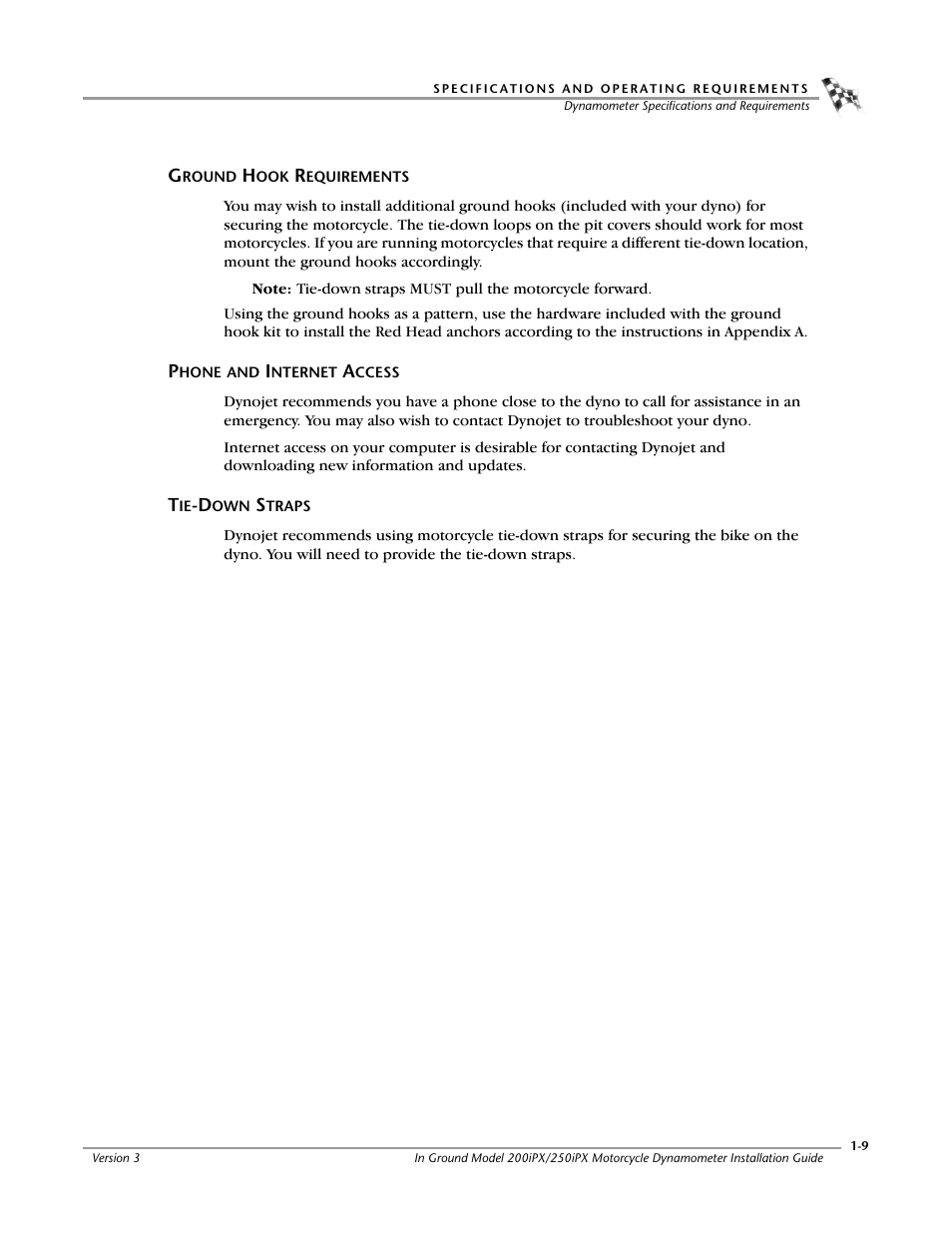 Ground hook requirements, Phone and internet access, Tie-down straps | Dynojet 250ix: Pit Installation Guide User Manual | Page 19 / 163