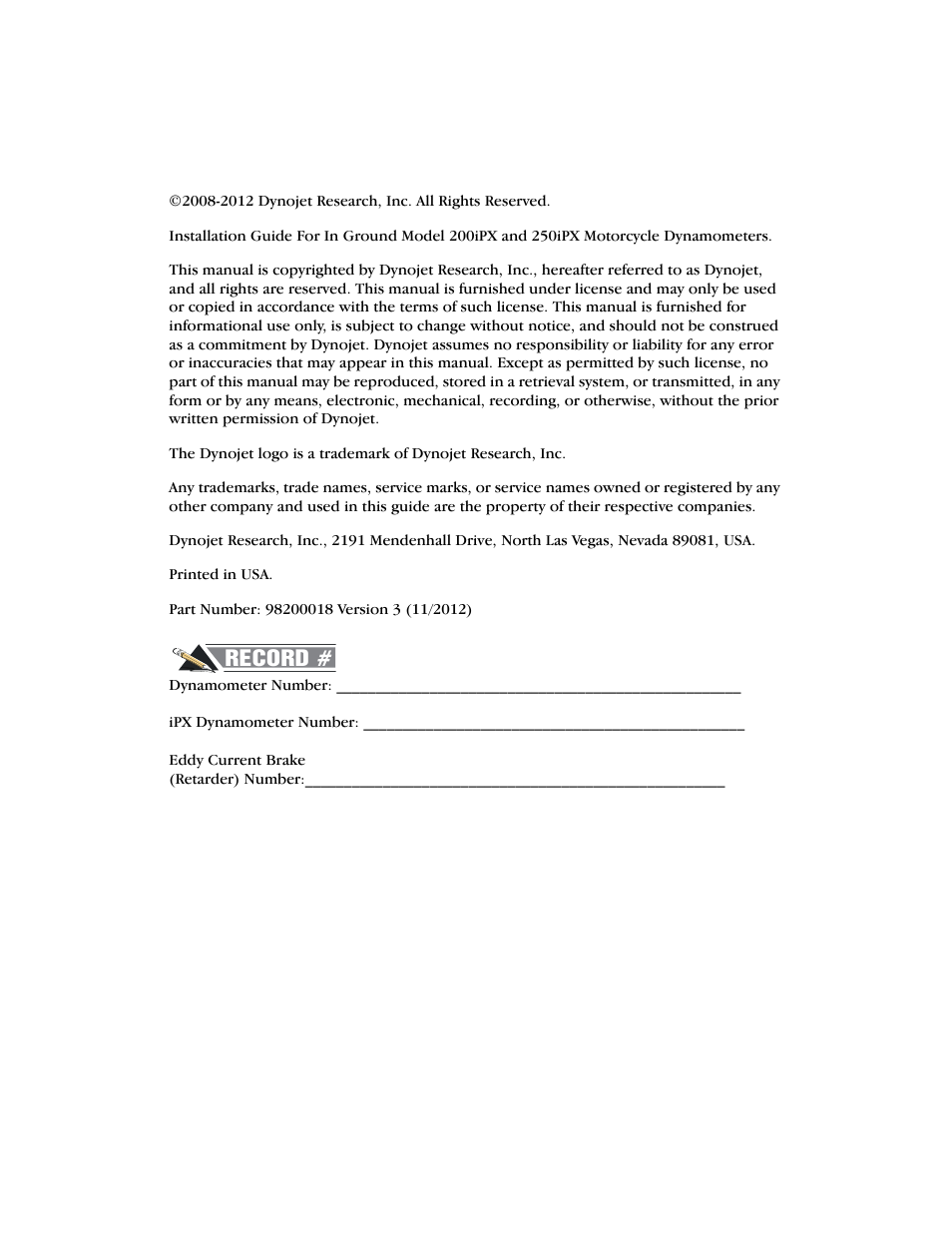Copyright | Dynojet 250ix: Pit Installation Guide User Manual | Page 2 / 163