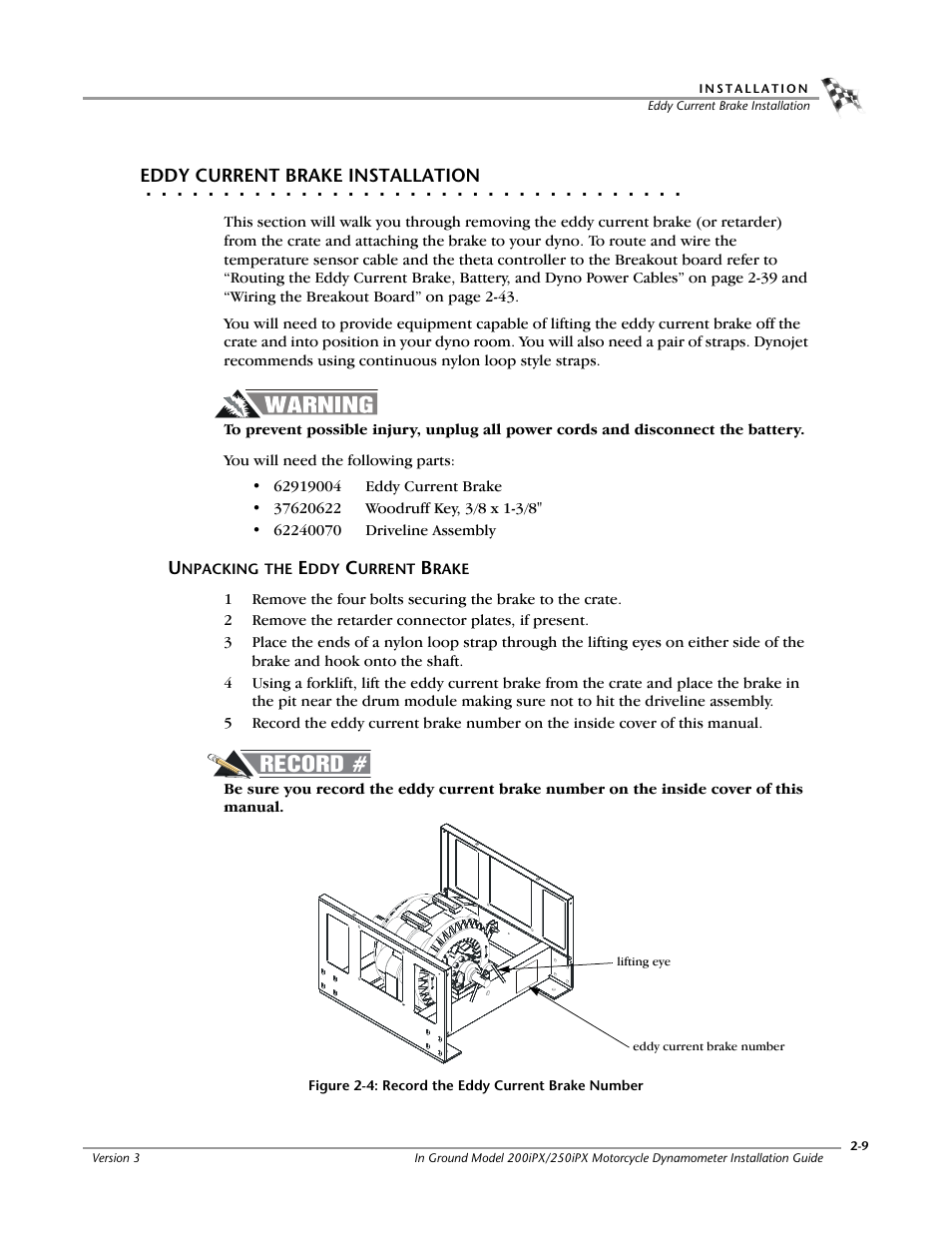 Eddy current brake installation, Unpacking the eddy current brake | Dynojet 250ix: Pit Installation Guide User Manual | Page 31 / 163
