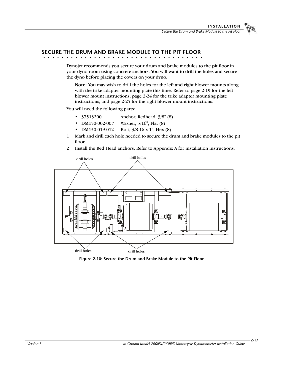 Secure the drum and brake module to the pit floor | Dynojet 250ix: Pit Installation Guide User Manual | Page 39 / 163