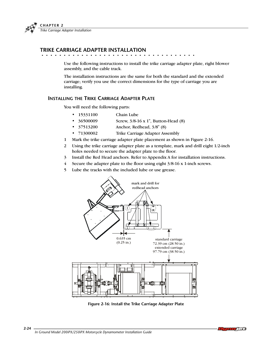 Trike carriage adapter installation, Installing the trike carriage adapter plate | Dynojet 250ix: Pit Installation Guide User Manual | Page 46 / 163