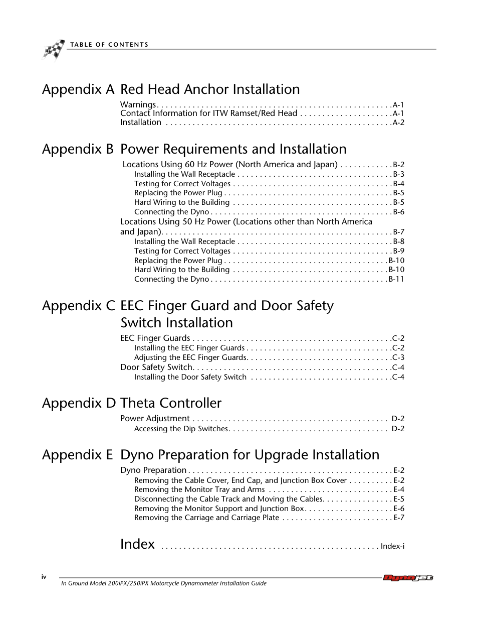 Appendix a red head anchor installation, Appendix b power requirements and installation, Appendix d theta controller | Index | Dynojet 250ix: Pit Installation Guide User Manual | Page 6 / 163