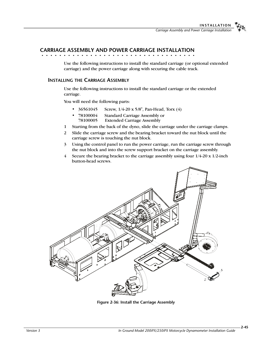 Carriage assembly and power carriage installation, Installing the carriage assembly | Dynojet 250ix: Pit Installation Guide User Manual | Page 67 / 163