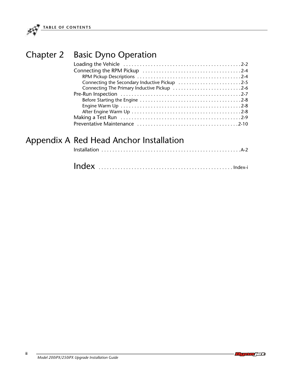 Chapter 2 basic dyno operation, Appendix a red head anchor installation, Index | Dynojet 250iPX: Installation Guide User Manual | Page 4 / 52