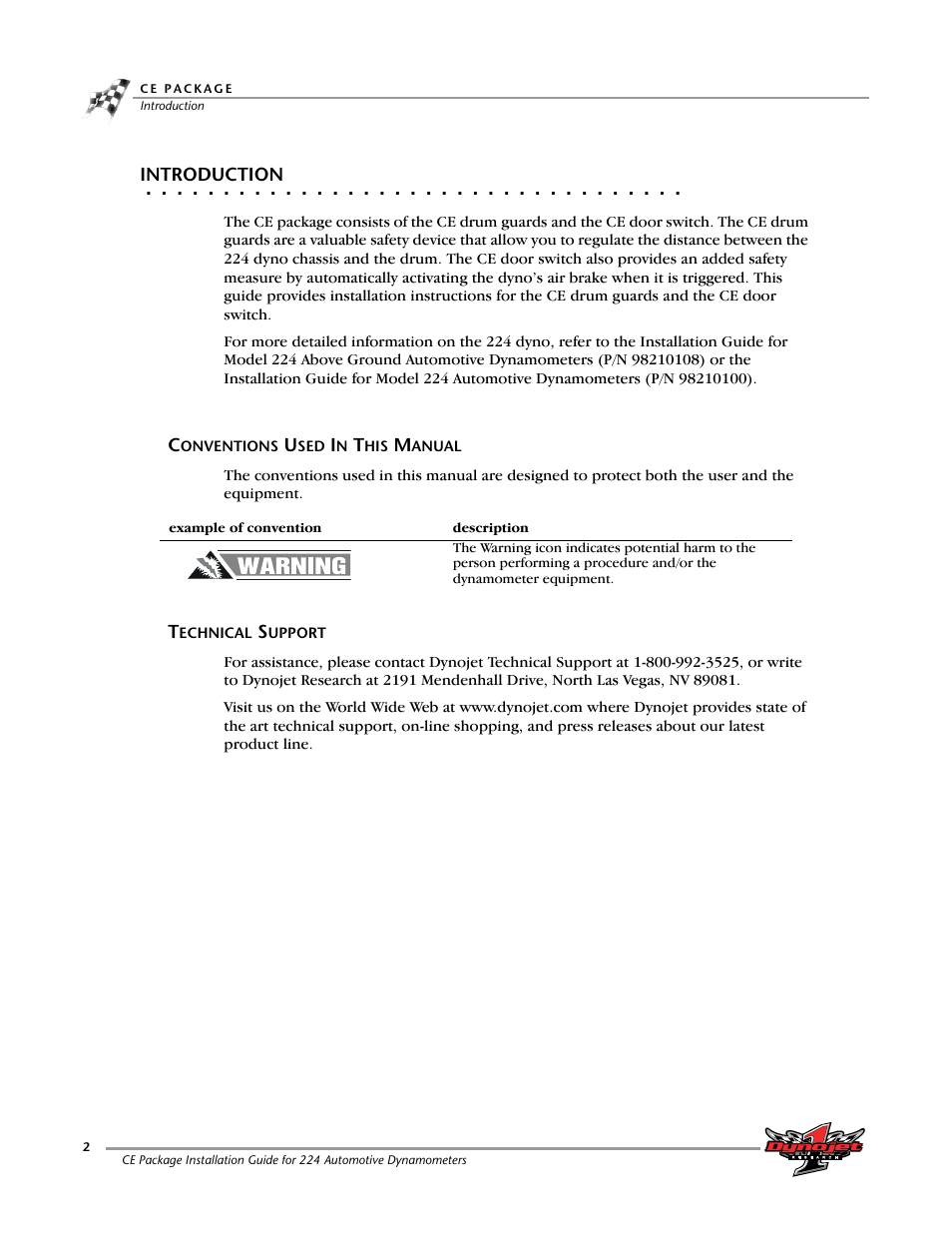 Introduction, Conventions used in this manual, Technical support | Conventions used in this manual technical support | Dynojet 224: CE Package User Manual | Page 6 / 17
