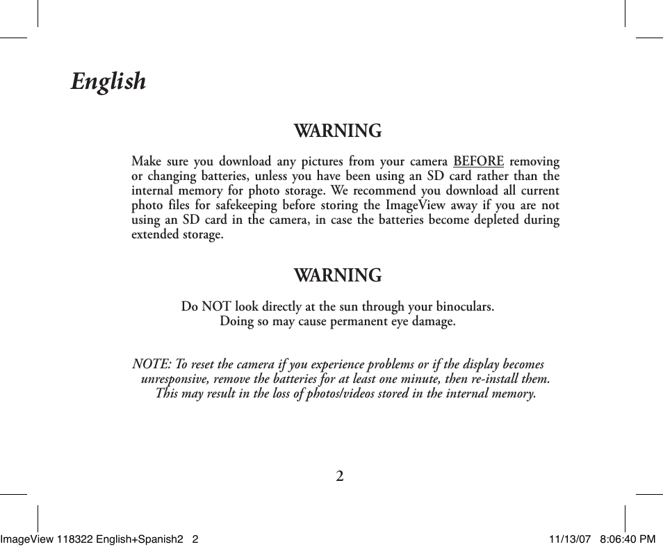 English, Warning | Bushnell 118322 User Manual | Page 2 / 34