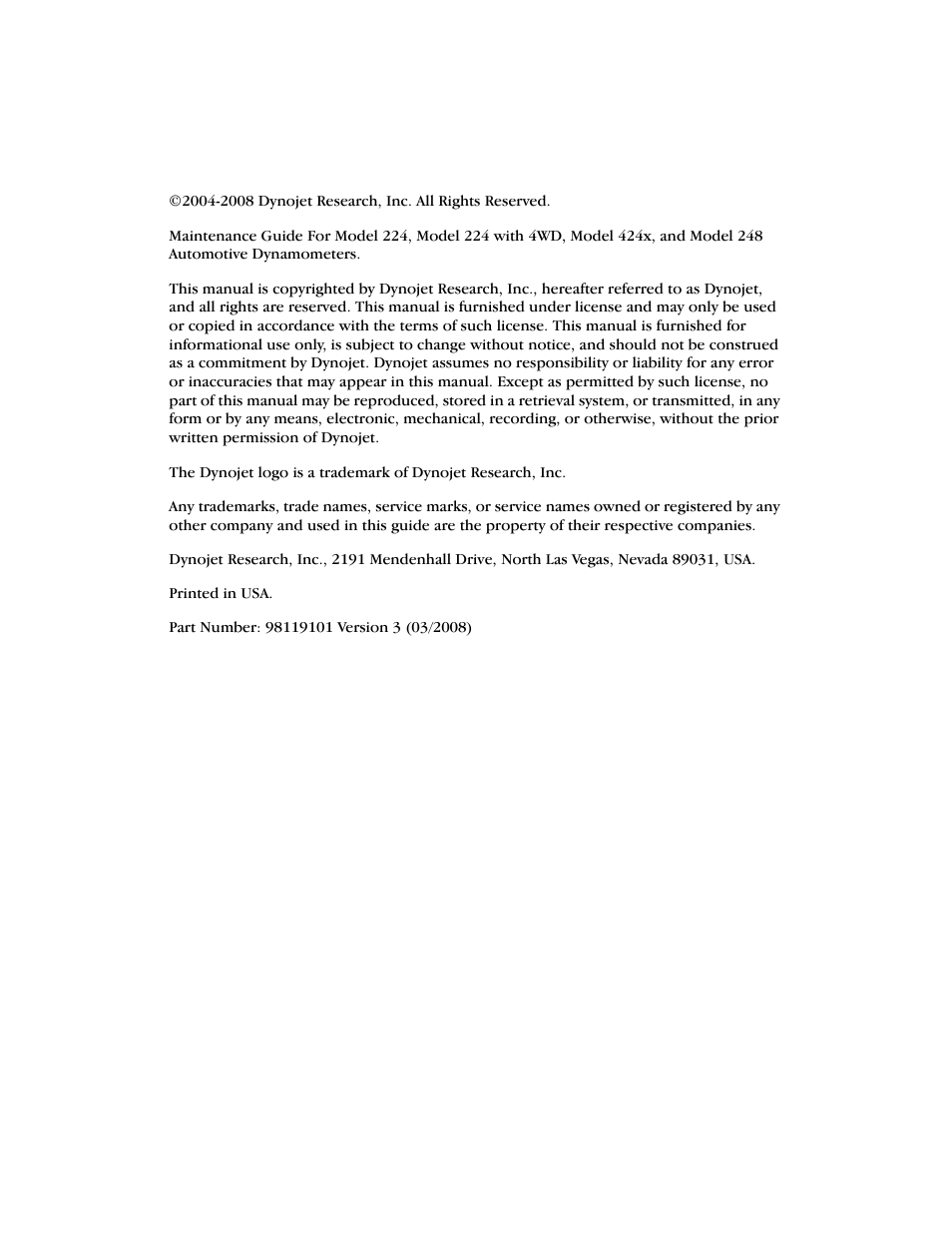 Copyright | Dynojet 248: Maintenance Guide User Manual | Page 2 / 35