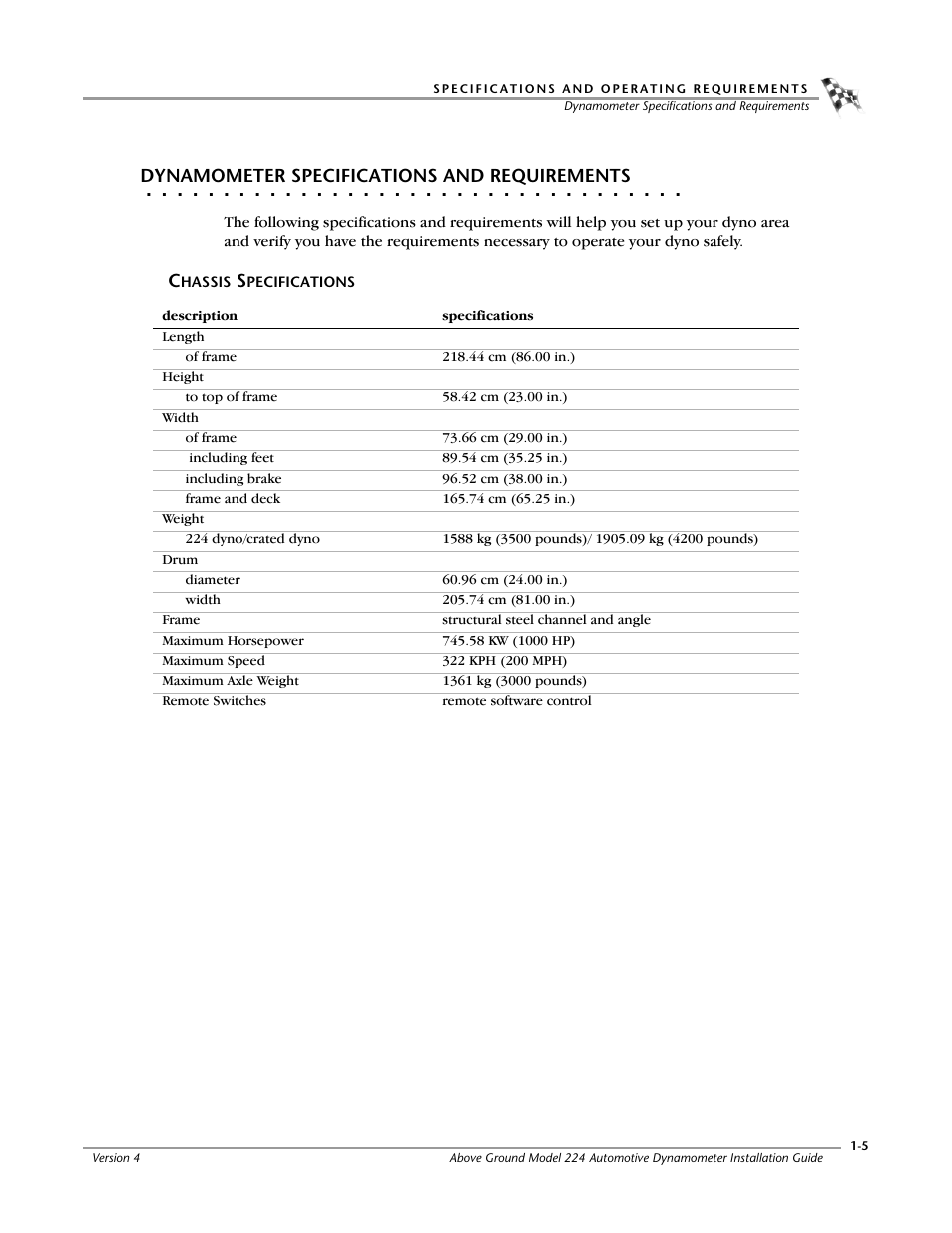 Dynamometer specifications and requirements, Chassis specifications | Dynojet 224x: Installation Guide User Manual | Page 15 / 78