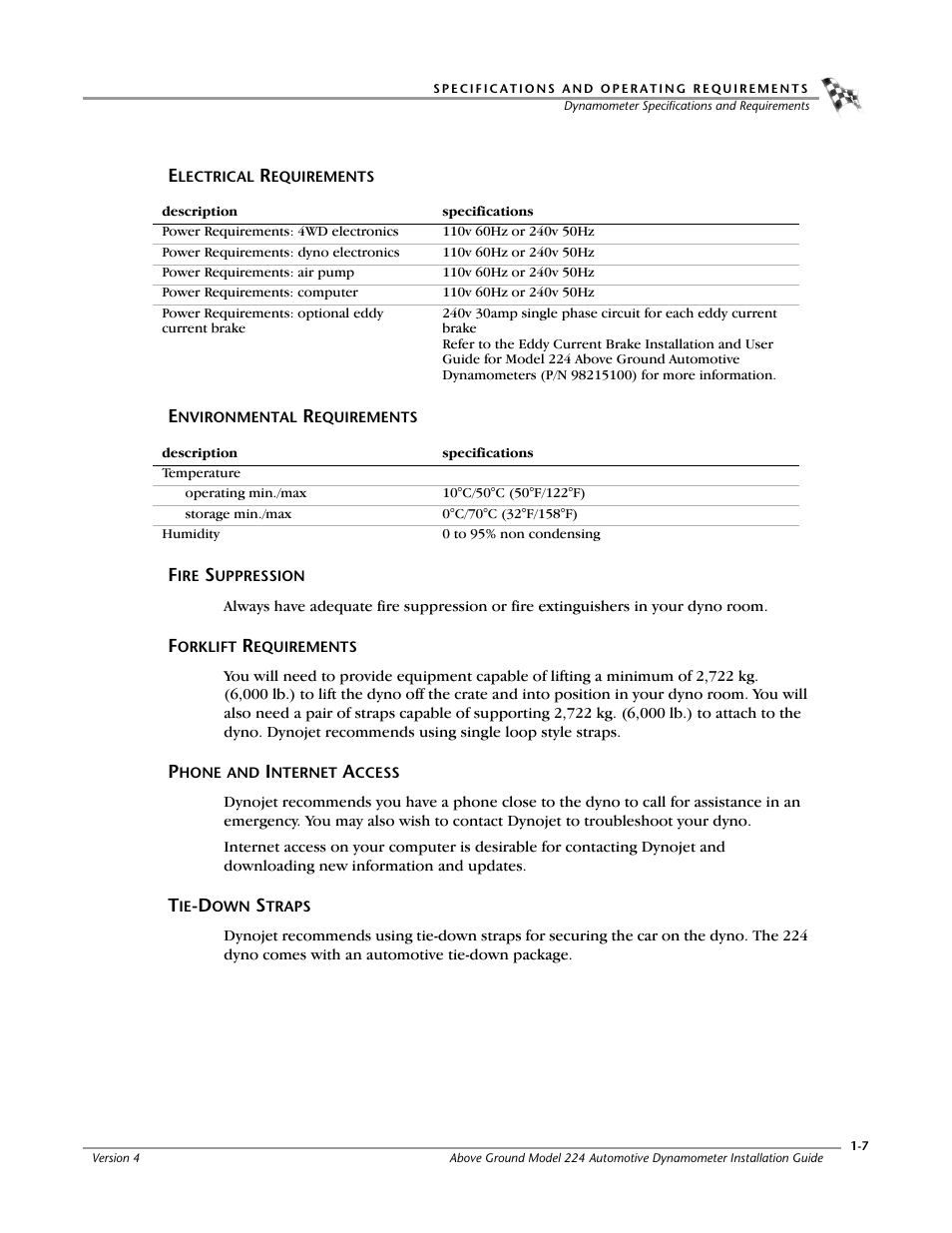 Electrical requirements, Environmental requirements, Fire suppression | Forklift requirements, Phone and internet access, Tie-down straps | Dynojet 224x: Installation Guide User Manual | Page 17 / 78