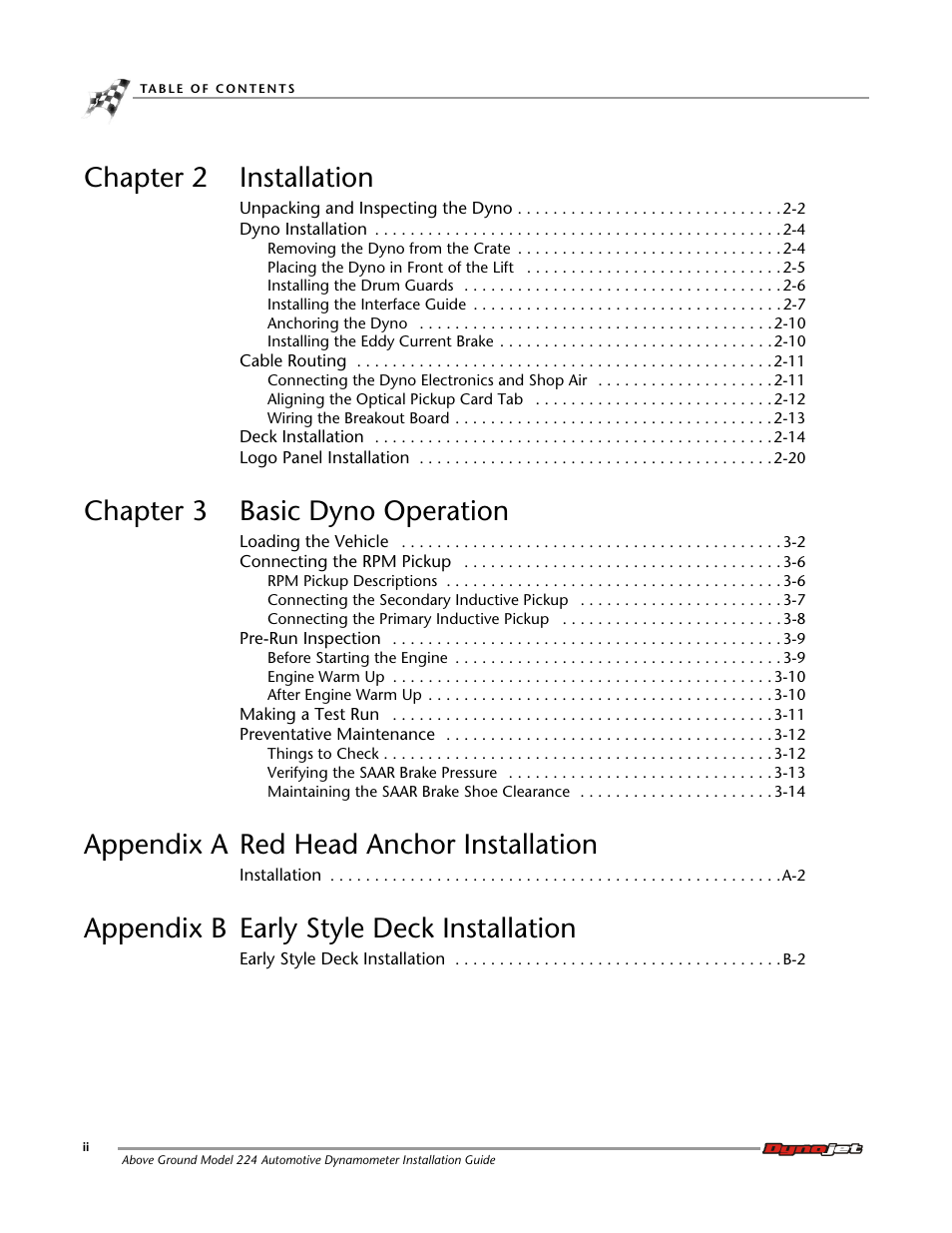 Chapter 2 installation, Chapter 3 basic dyno operation, Appendix a red head anchor installation | Appendix b early style deck installation | Dynojet 224x: Installation Guide User Manual | Page 4 / 78