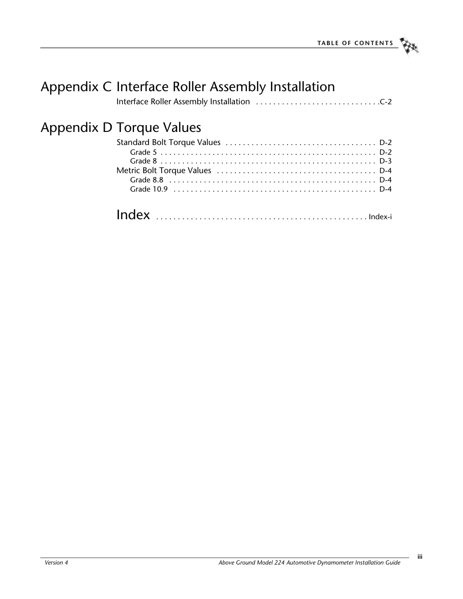 Appendix c interface roller assembly installation, Appendix d torque values, Index | Dynojet 224x: Installation Guide User Manual | Page 5 / 78