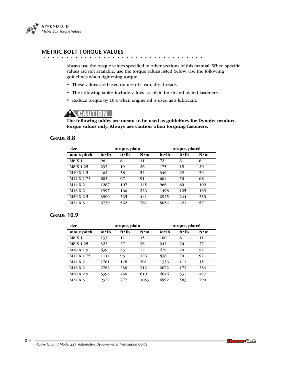 Metric bolt torque values, Grade 8.8, Grade 10.9 | Dynojet 224x: Installation Guide User Manual | Page 76 / 78