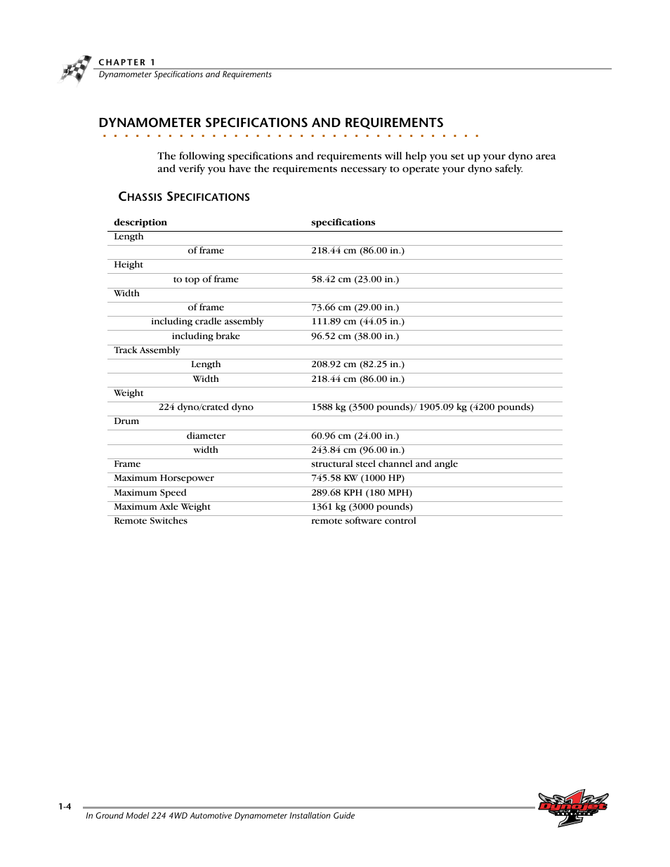 Dynamometer specifications and requirements, Chassis specifications, Chassis specifications -4 | Dynojet 224/4WD: Installation Guide User Manual | Page 14 / 77