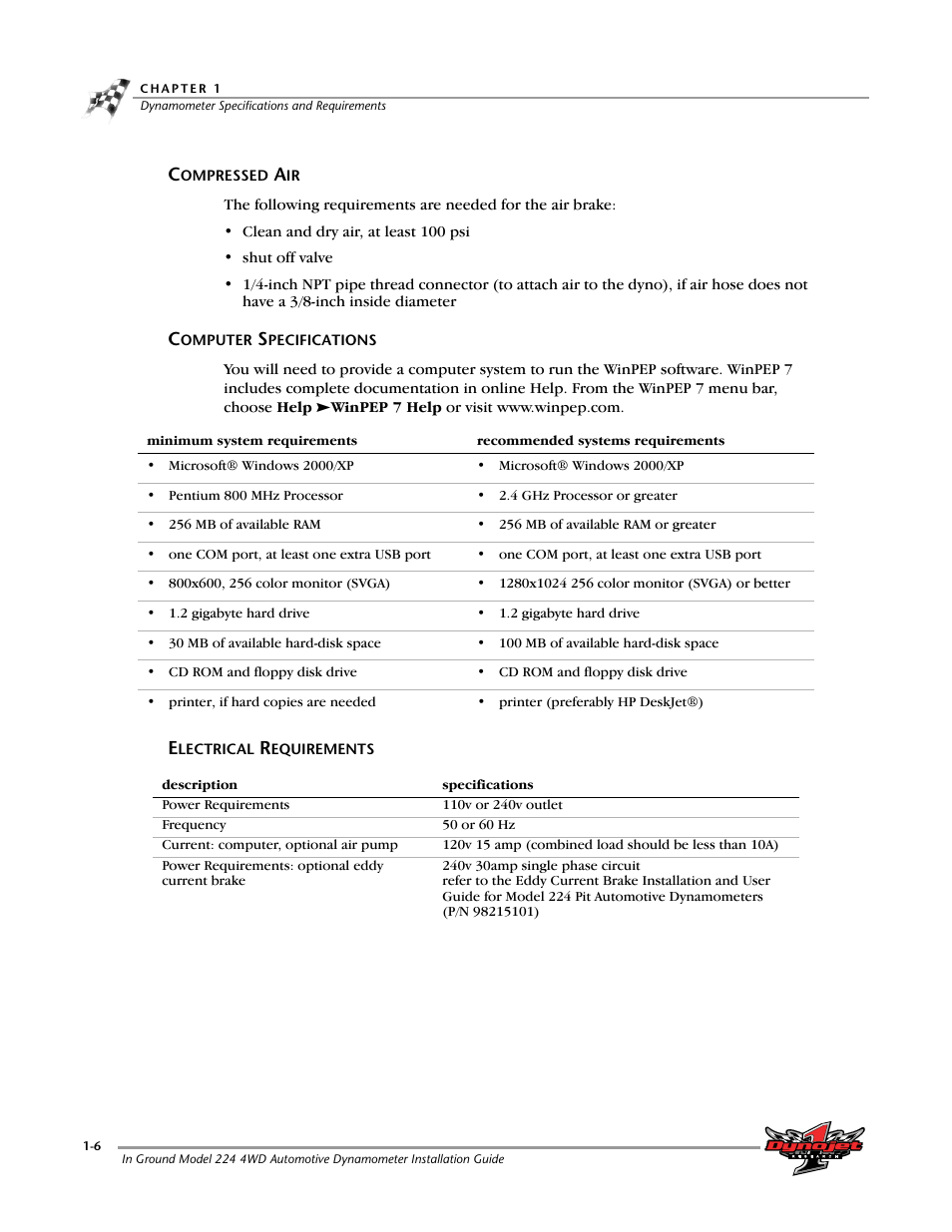 Compressed air, Computer specifications, Electrical requirements | Dynojet 224/4WD: Installation Guide User Manual | Page 16 / 77