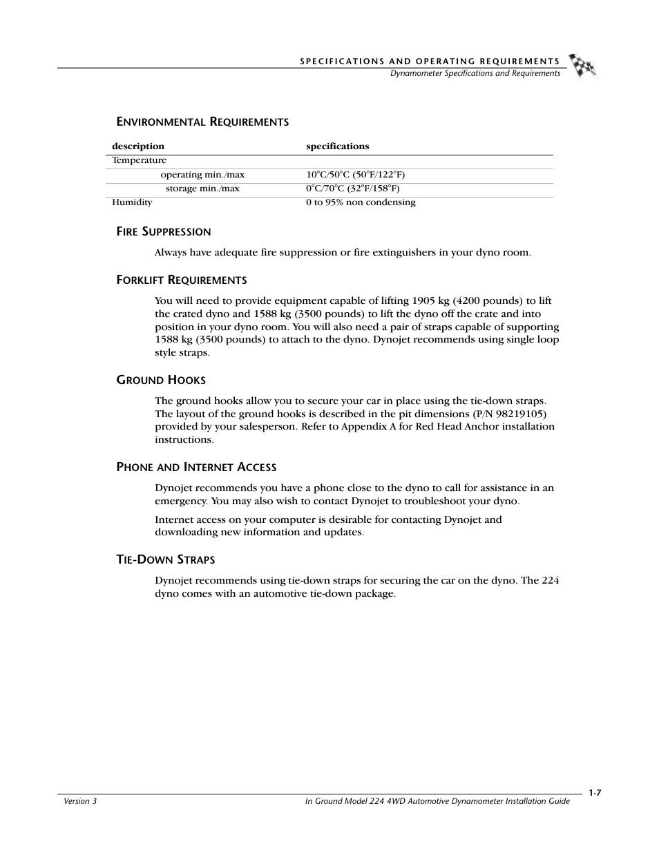 Environmental requirements, Fire suppression, Forklift requirements | Ground hooks, Phone and internet access, Tie-down straps | Dynojet 224/4WD: Installation Guide User Manual | Page 17 / 77