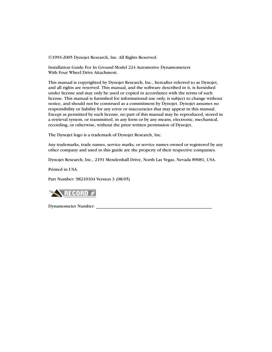 Copyright | Dynojet 224/4WD: Installation Guide User Manual | Page 2 / 77