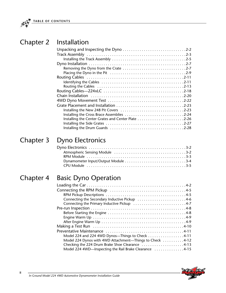 Chapter 2 installation, Chapter 3 dyno electronics, Chapter 4 basic dyno operation | Dynojet 224/4WD: Installation Guide User Manual | Page 4 / 77