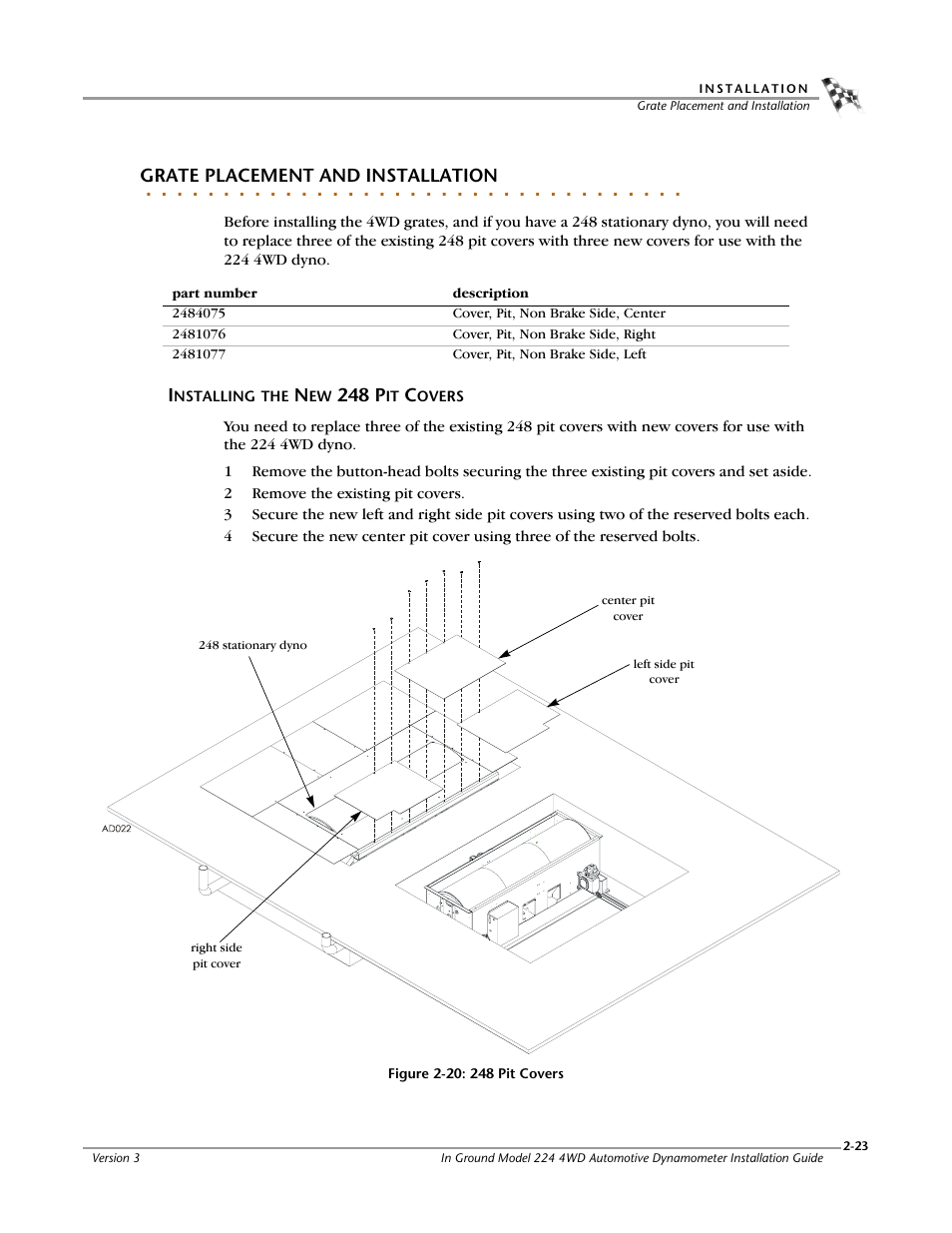 Grate placement and installation, Installing the new 248 pit covers, Installing the new 248 pit covers -23 | Dynojet 224/4WD: Installation Guide User Manual | Page 43 / 77