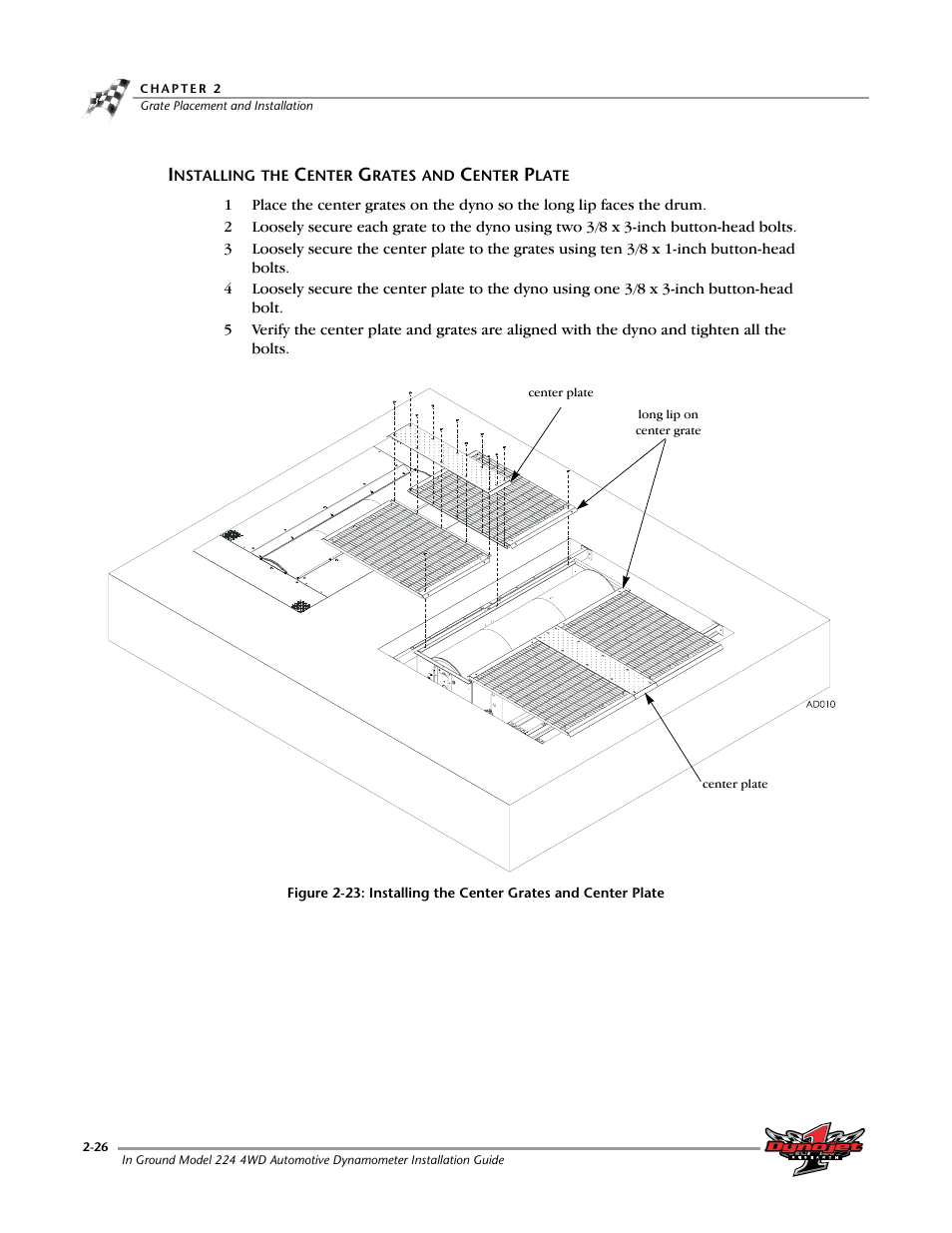 Installing the center grates and center plate, Installing the center grates and center plate -26 | Dynojet 224/4WD: Installation Guide User Manual | Page 46 / 77