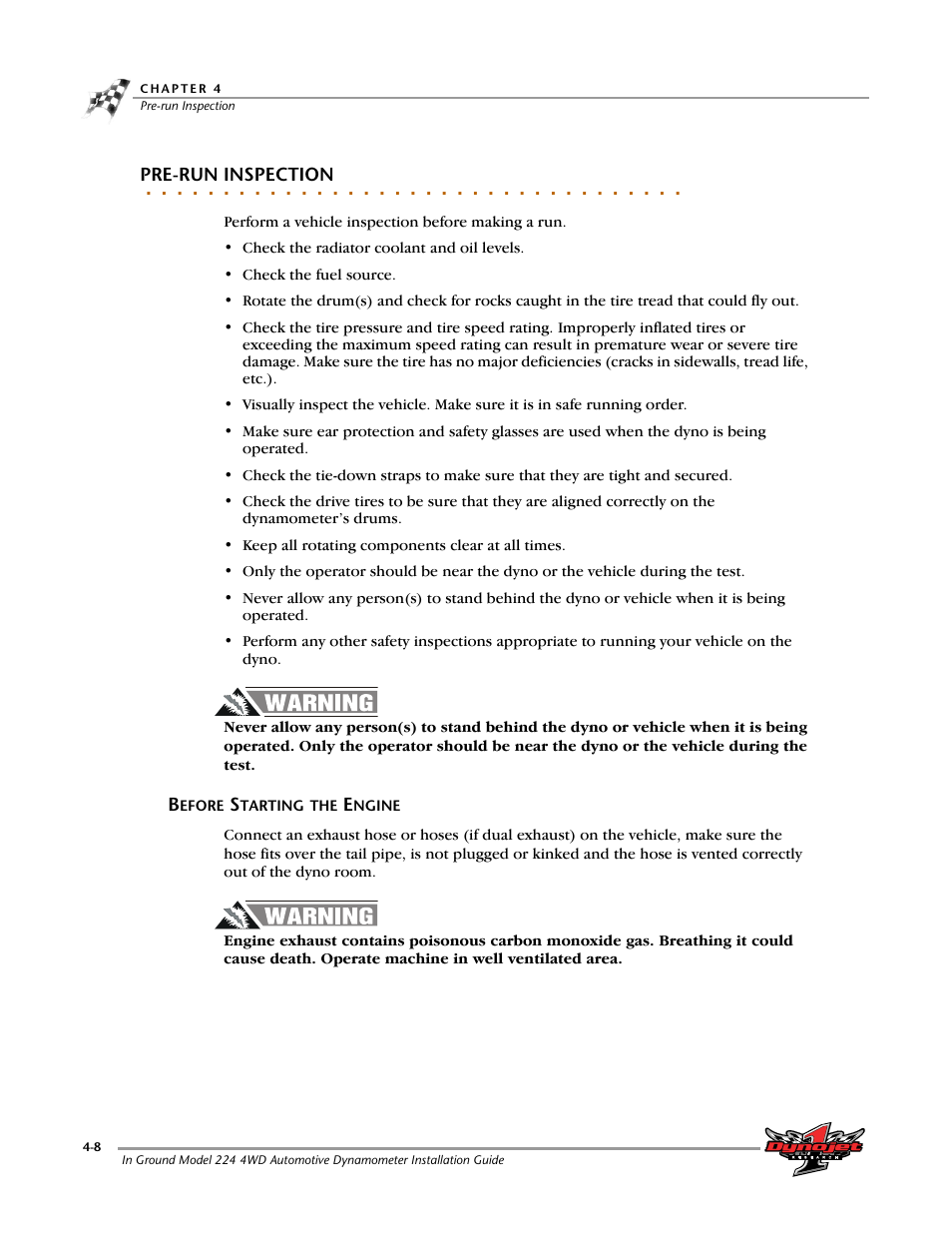 Pre-run inspection, Before starting the engine, Before starting the engine -8 | Dynojet 224/4WD: Installation Guide User Manual | Page 62 / 77