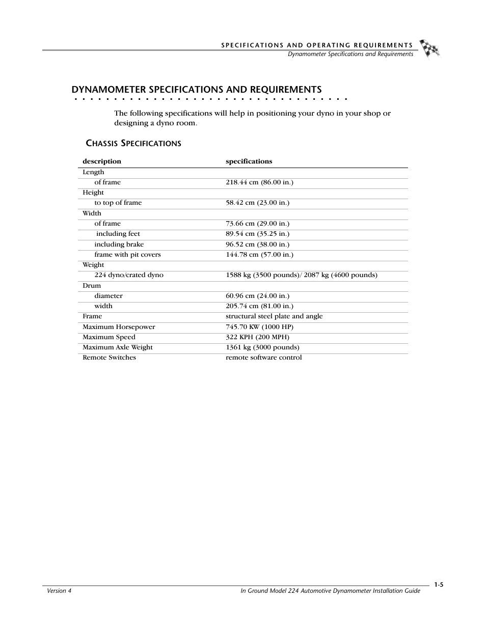 Dynamometer specifications and requirements, Chassis specifications | Dynojet 224: Pit Installation Guide User Manual | Page 13 / 56