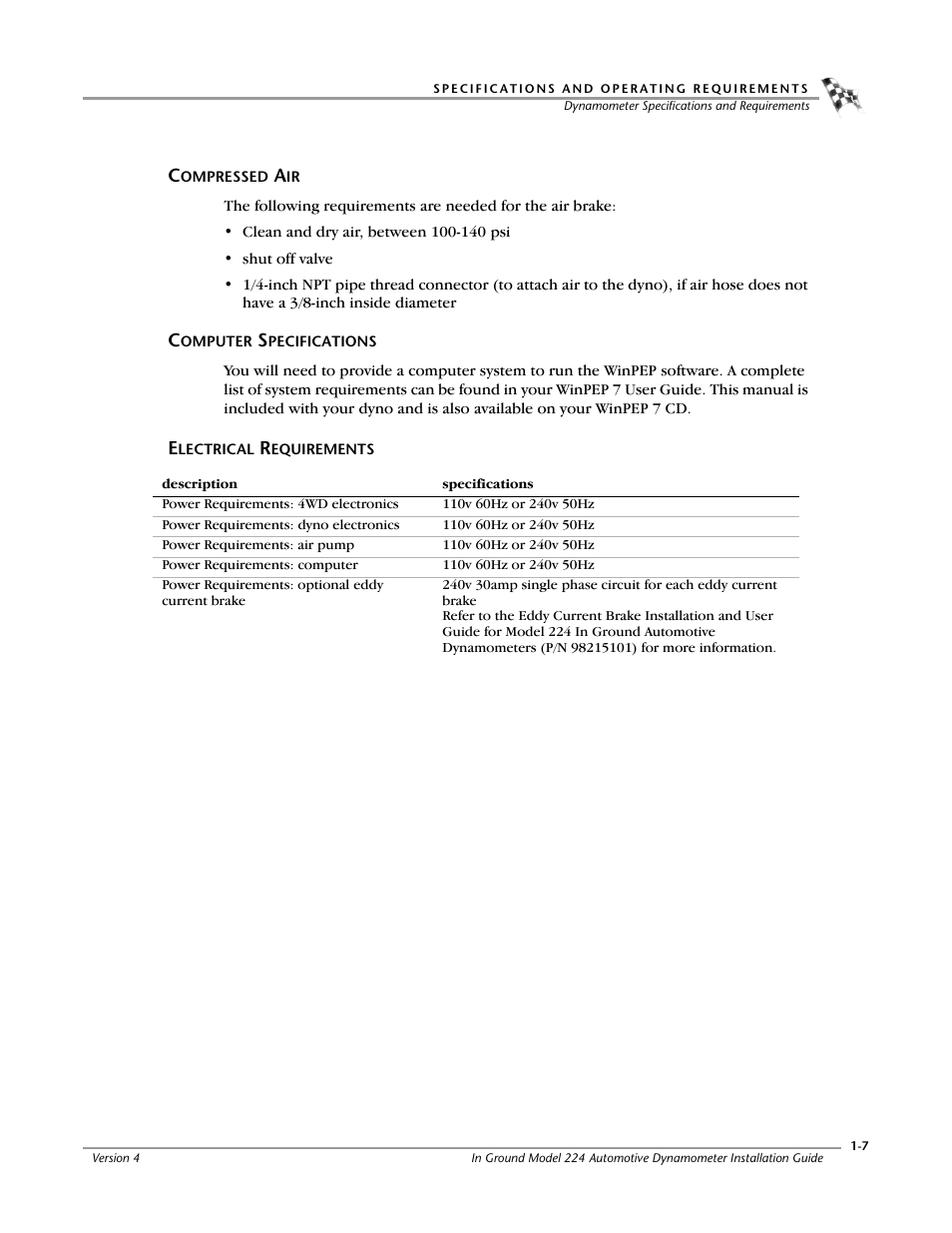 Compressed air, Computer specifications, Electrical requirements | Dynojet 224: Pit Installation Guide User Manual | Page 15 / 56