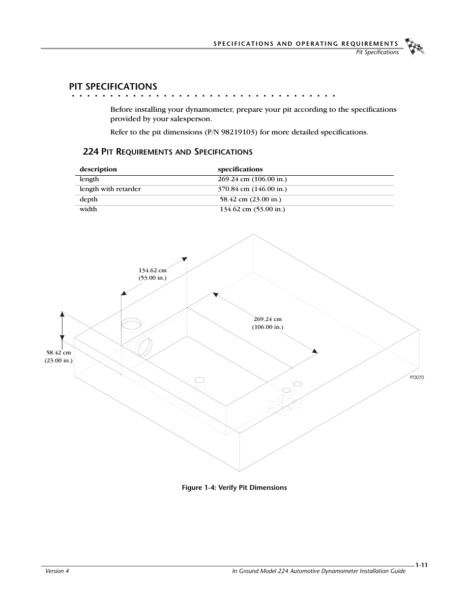 Pit specifications, 224 pit requirements and specifications | Dynojet 224: Pit Installation Guide User Manual | Page 19 / 56