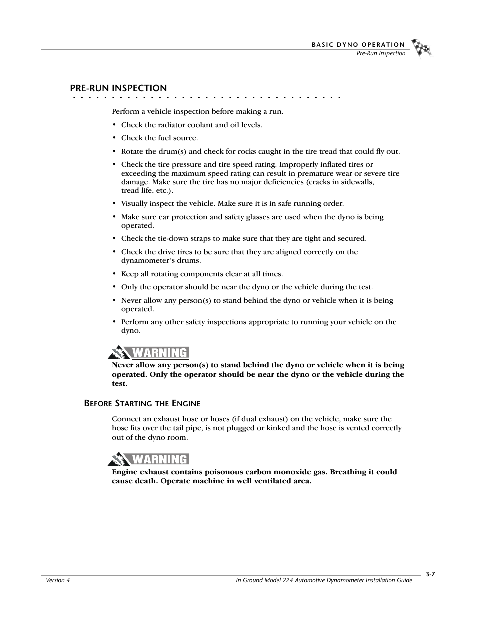 Pre-run inspection, Before starting the engine | Dynojet 224: Pit Installation Guide User Manual | Page 39 / 56