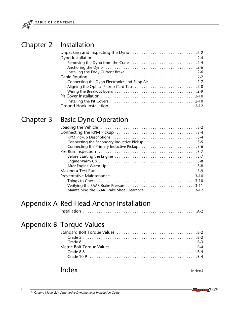 Chapter 2 installation, Chapter 3 basic dyno operation, Appendix a red head anchor installation | Appendix b torque values, Index | Dynojet 224: Pit Installation Guide User Manual | Page 4 / 56