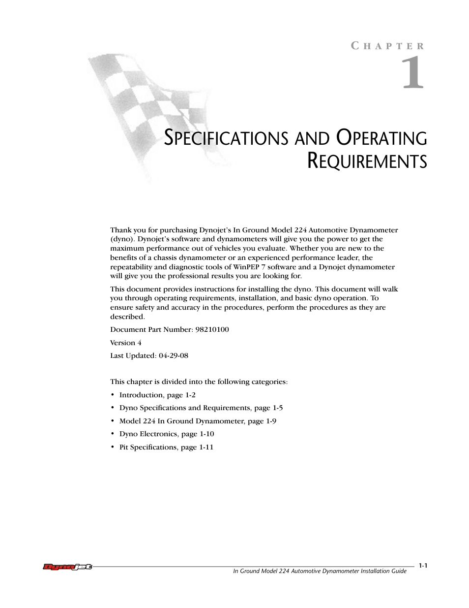 1 - specifications and operating requirements | Dynojet 224: Pit Installation Guide User Manual | Page 9 / 56